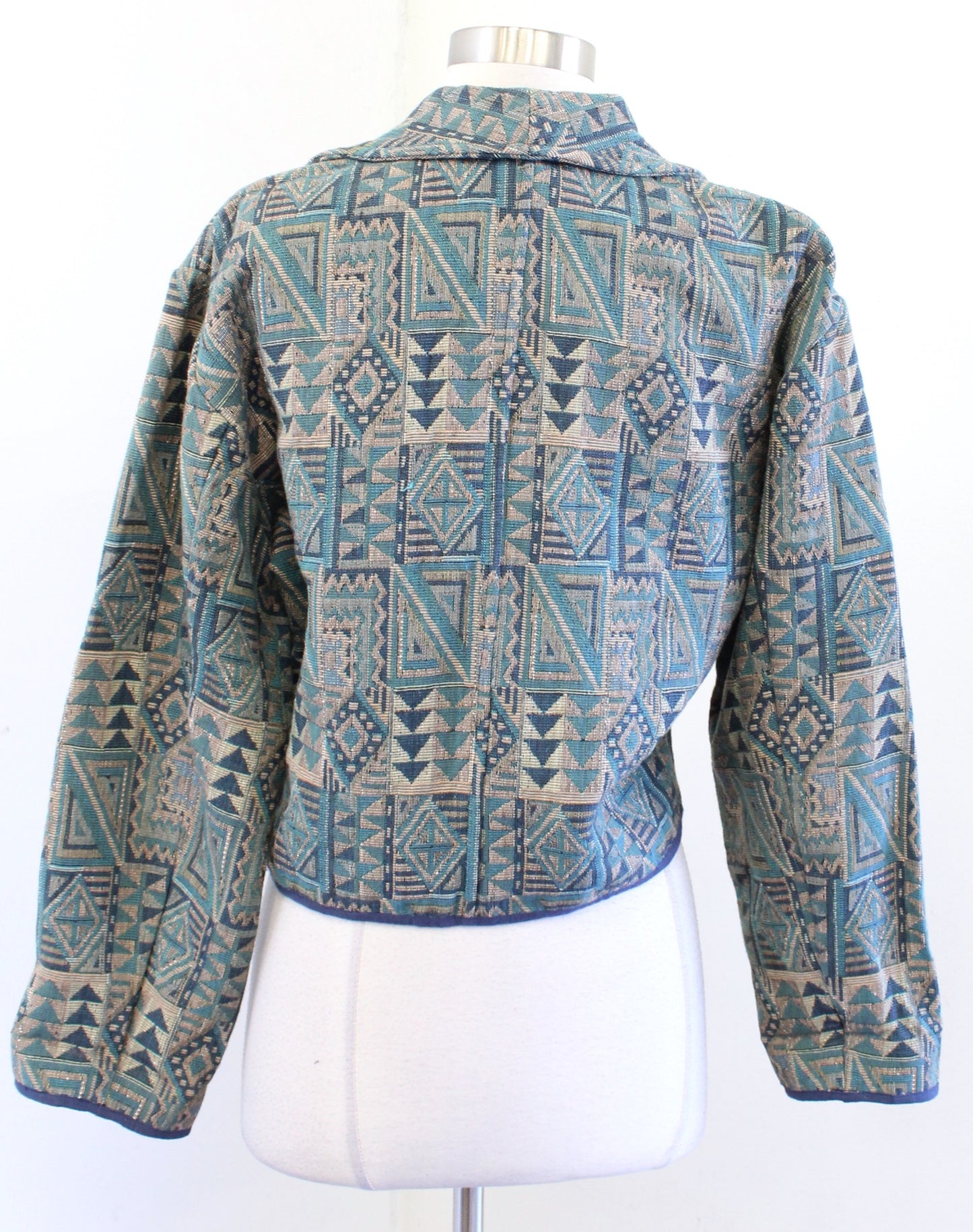 Vtg Flashback Teal Green Southwestern Geometric Cropped Tapestry Jacket Boho S