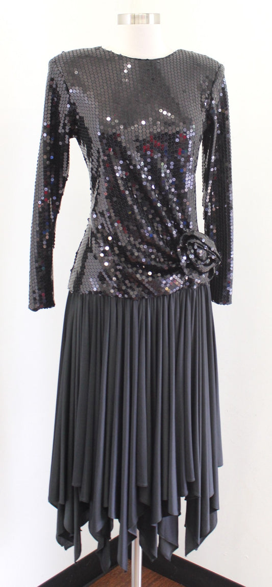 Vtg 80s 90s Tadashi Black Sequin Asymmetrical Hem Ruched Cocktail Party Dress 4