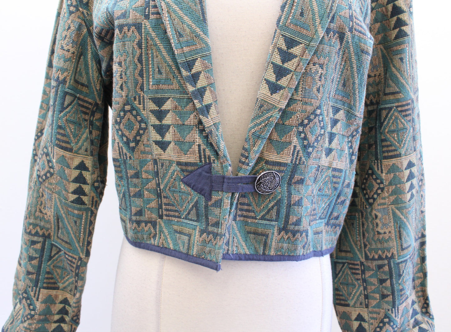 Vtg Flashback Teal Green Southwestern Geometric Cropped Tapestry Jacket Boho S