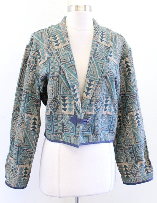 Vtg Flashback Teal Green Southwestern Geometric Cropped Tapestry Jacket Boho S