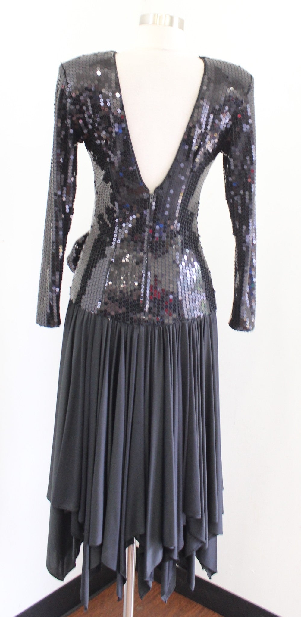 Vtg 80s 90s Tadashi Black Sequin Asymmetrical Hem Ruched Cocktail Party Dress 4