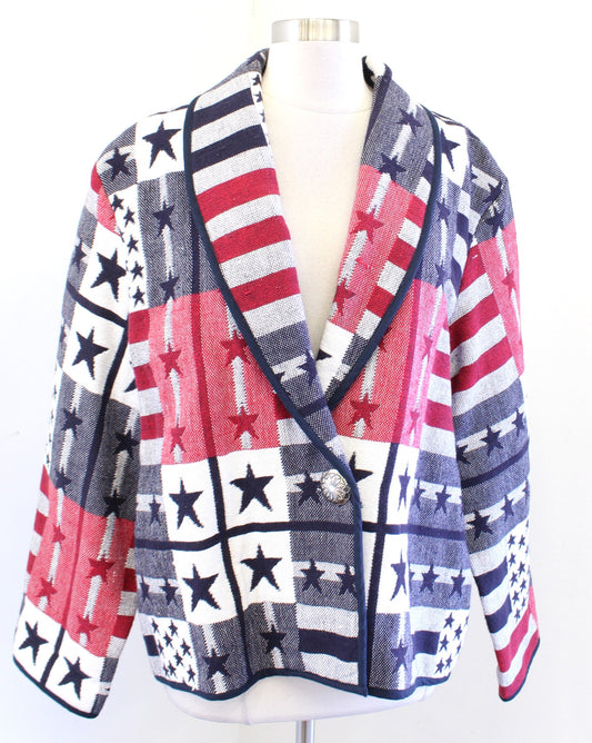 Vtg Red White and Blue American Flag Woven Tapestry Jacket Size XL Stars Stripes