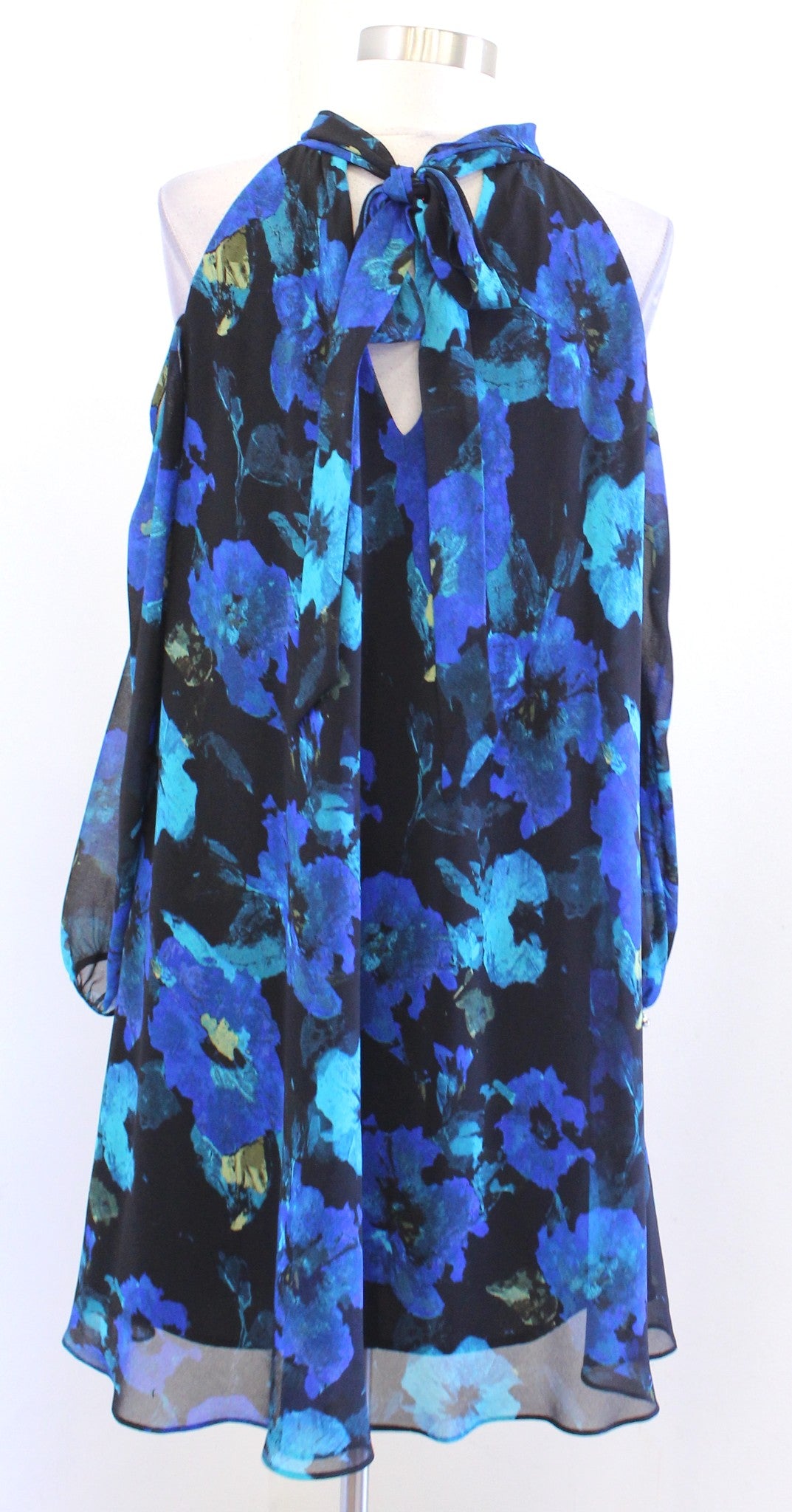 NWT Karl Lagerfeld Black Blue Floral Cold Shoulder Tie Neck Swing Dress Size 2