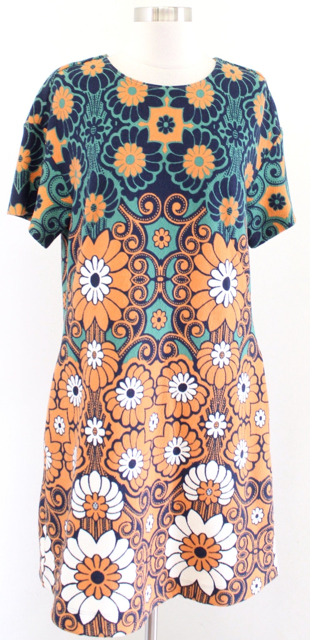 Maeve Anthropologie Retro Floral Mini Shift Dress Size M Orange Green Mod