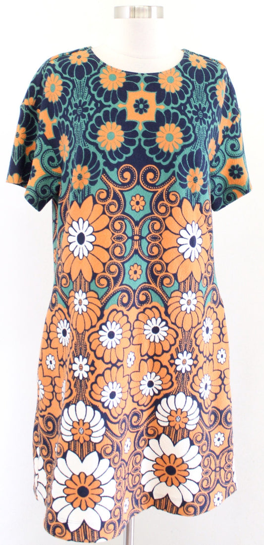 Maeve Anthropologie Retro Floral Mini Shift Dress Size M Orange Green Mod