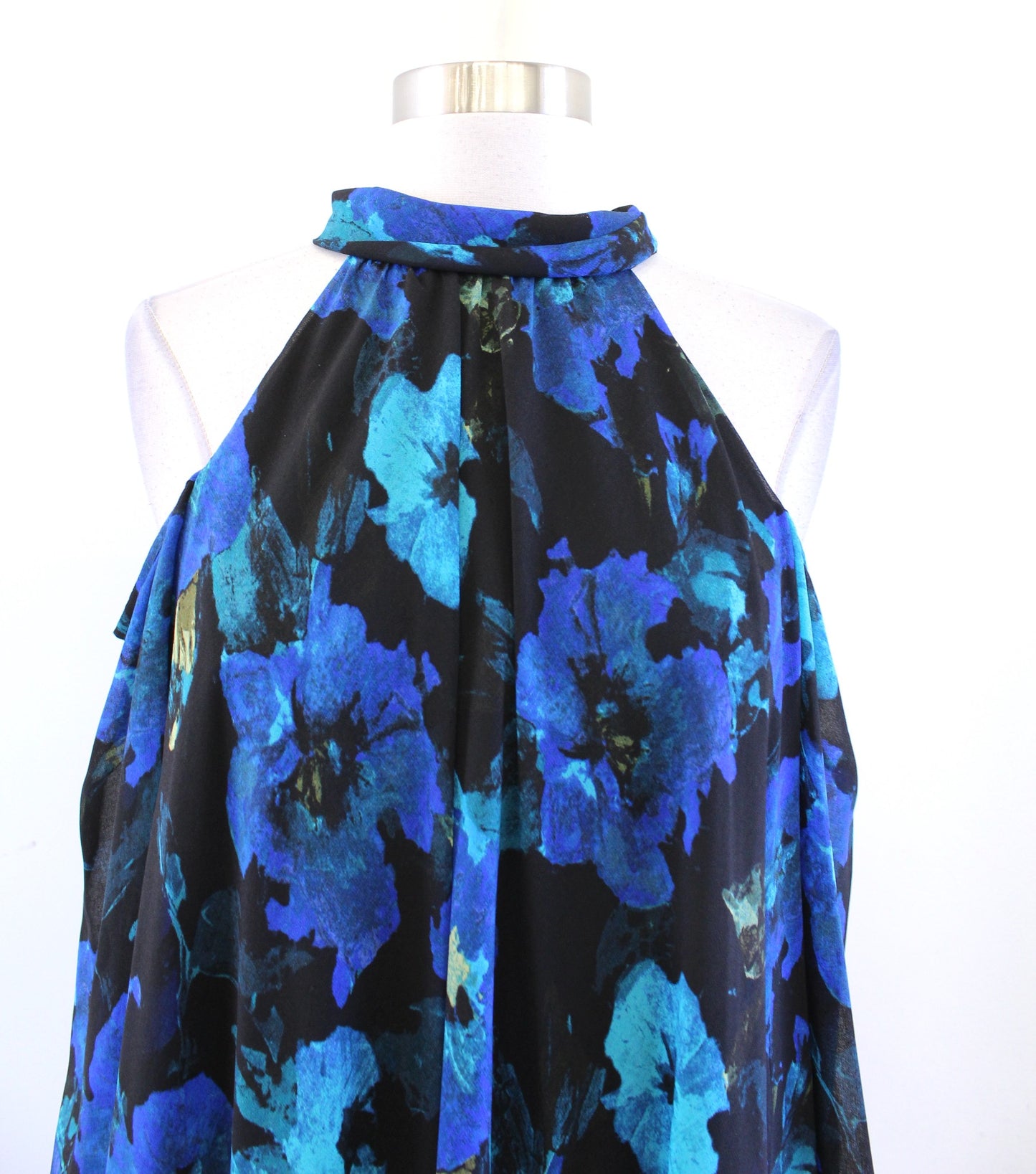 NWT Karl Lagerfeld Black Blue Floral Cold Shoulder Tie Neck Swing Dress Size 2