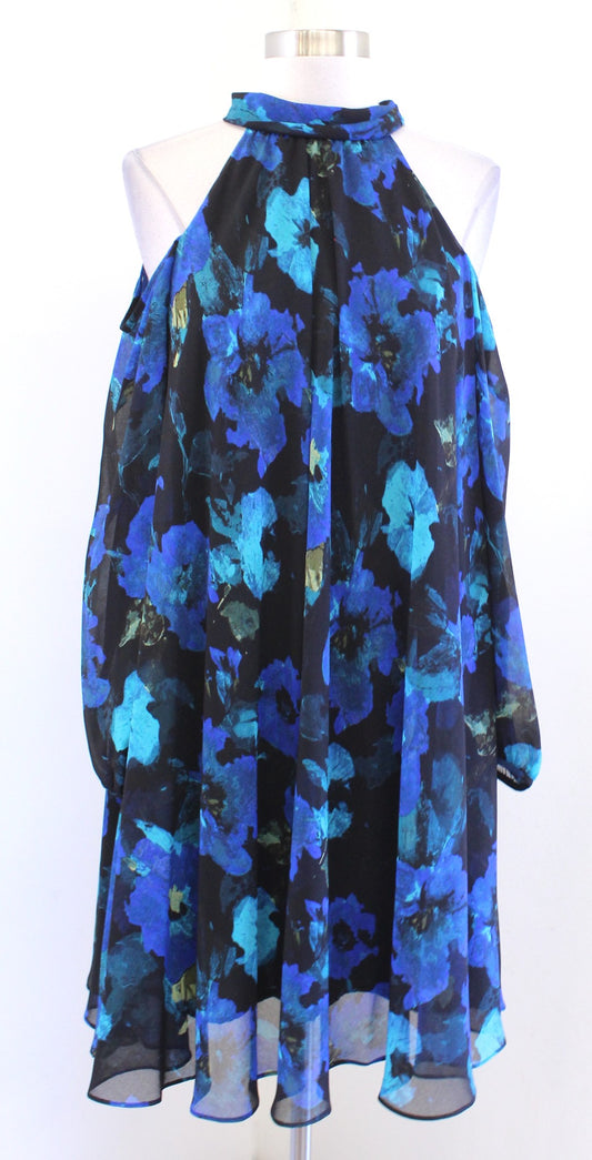 NWT Karl Lagerfeld Black Blue Floral Cold Shoulder Tie Neck Swing Dress Size 2