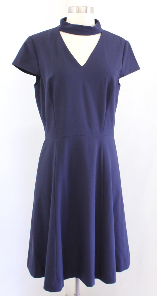 Tahari ASL Levine Navy Blue Choker Collar Fit and Flare Dress Cap Sleeve Size 8