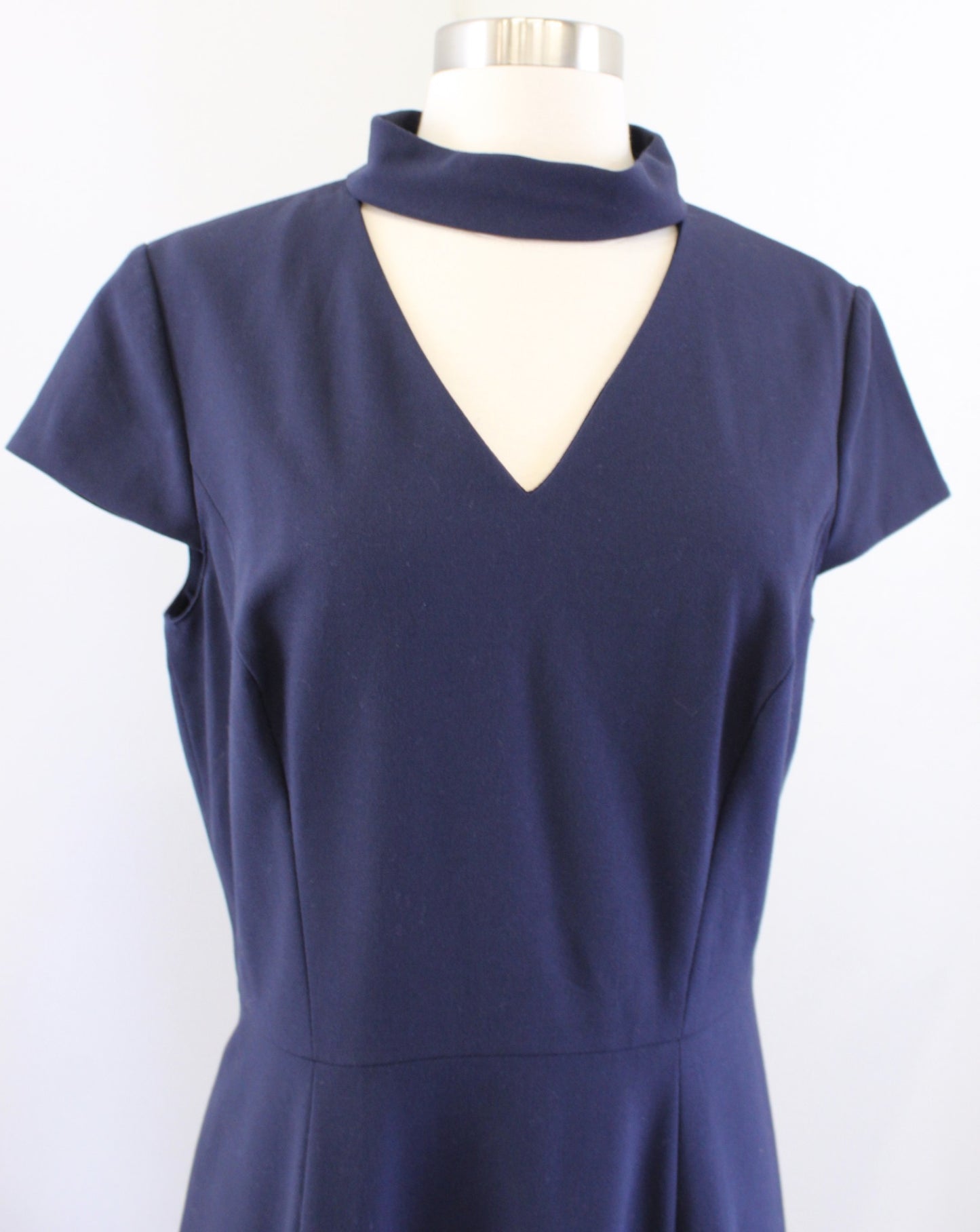 Tahari ASL Levine Navy Blue Choker Collar Fit and Flare Dress Cap Sleeve Size 8