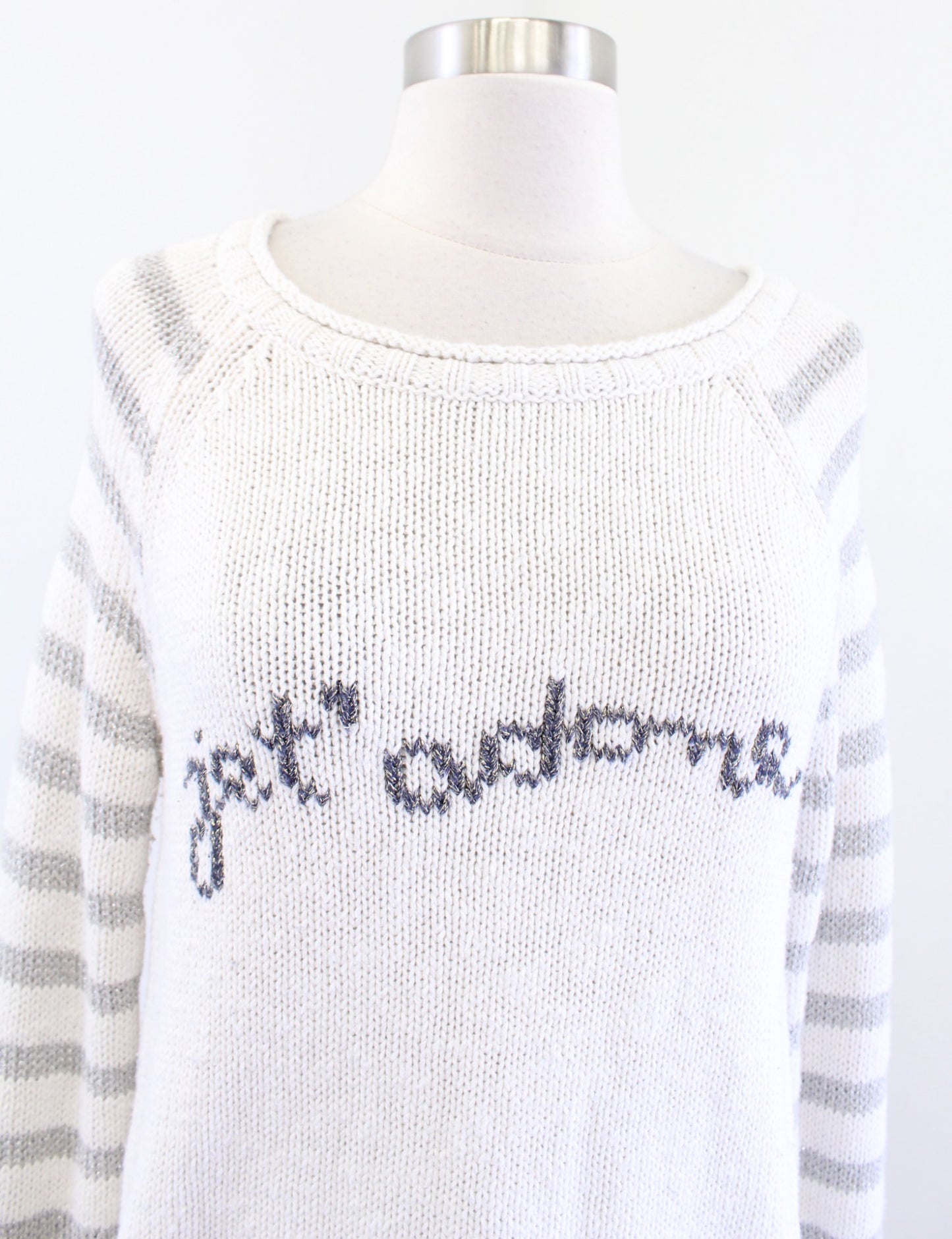Moth Anthropologie Jet Adore Metallic Striped Pullover Sweater Size M White Gray