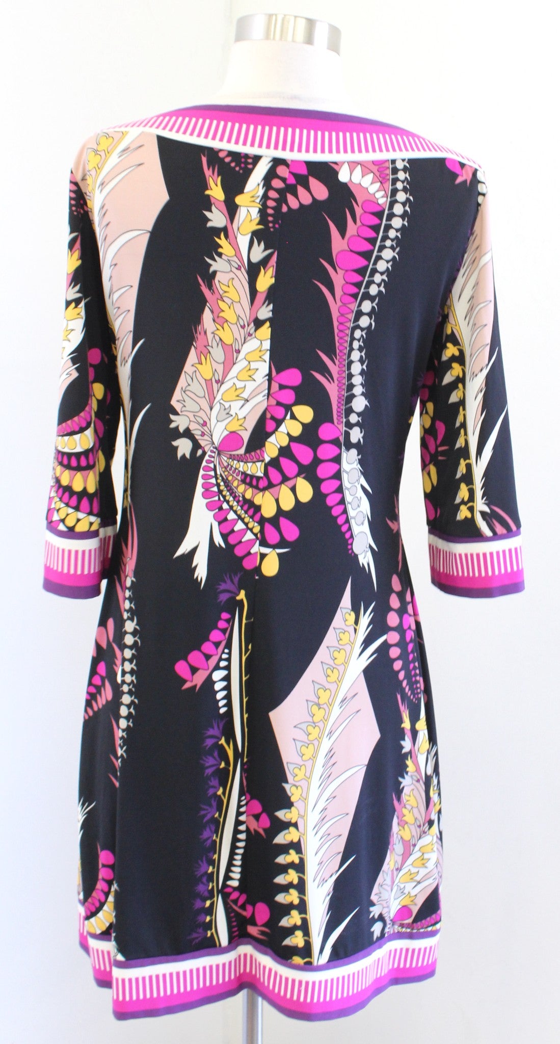 Cache Black Pink Floral Print 3/4 Sleeve Jersey Shift Dress Size 6 Boat Neck