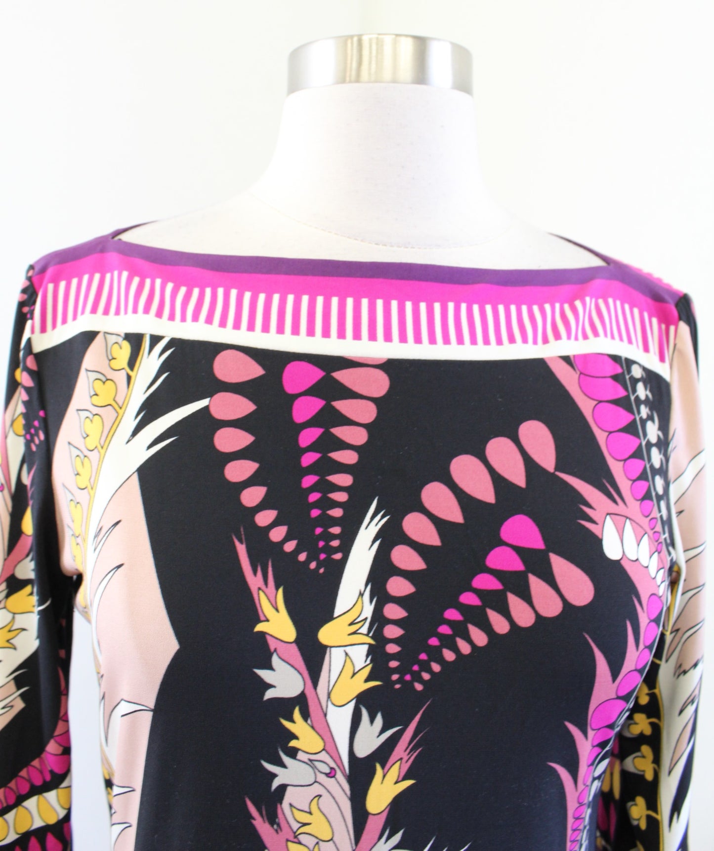 Cache Black Pink Floral Print 3/4 Sleeve Jersey Shift Dress Size 6 Boat Neck