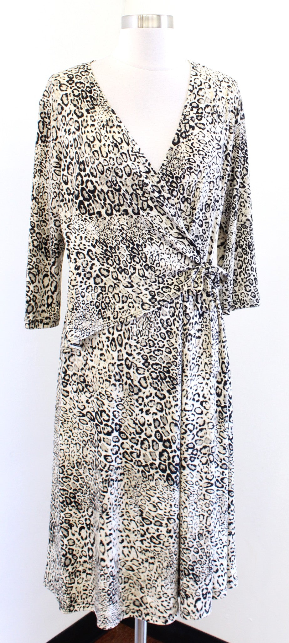 Clara Sun Woo Leopard Print Wrap Front Bodice Jersey Dress Size M Beige Black