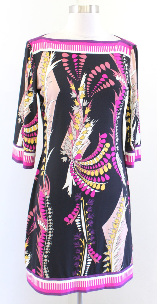 Cache Black Pink Floral Print 3/4 Sleeve Jersey Shift Dress Size 6 Boat Neck