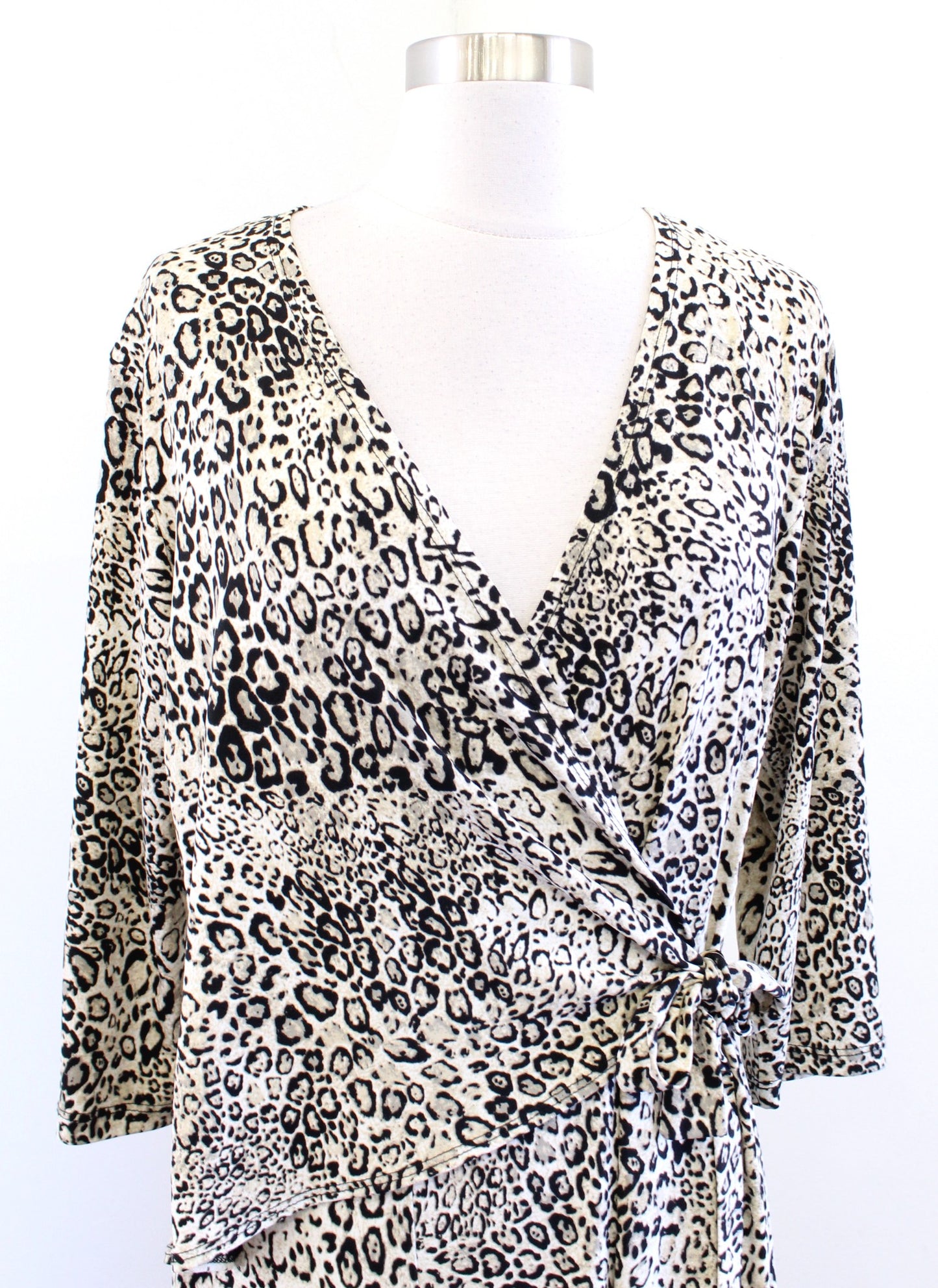 Clara Sun Woo Leopard Print Wrap Front Bodice Jersey Dress Size M Beige Black