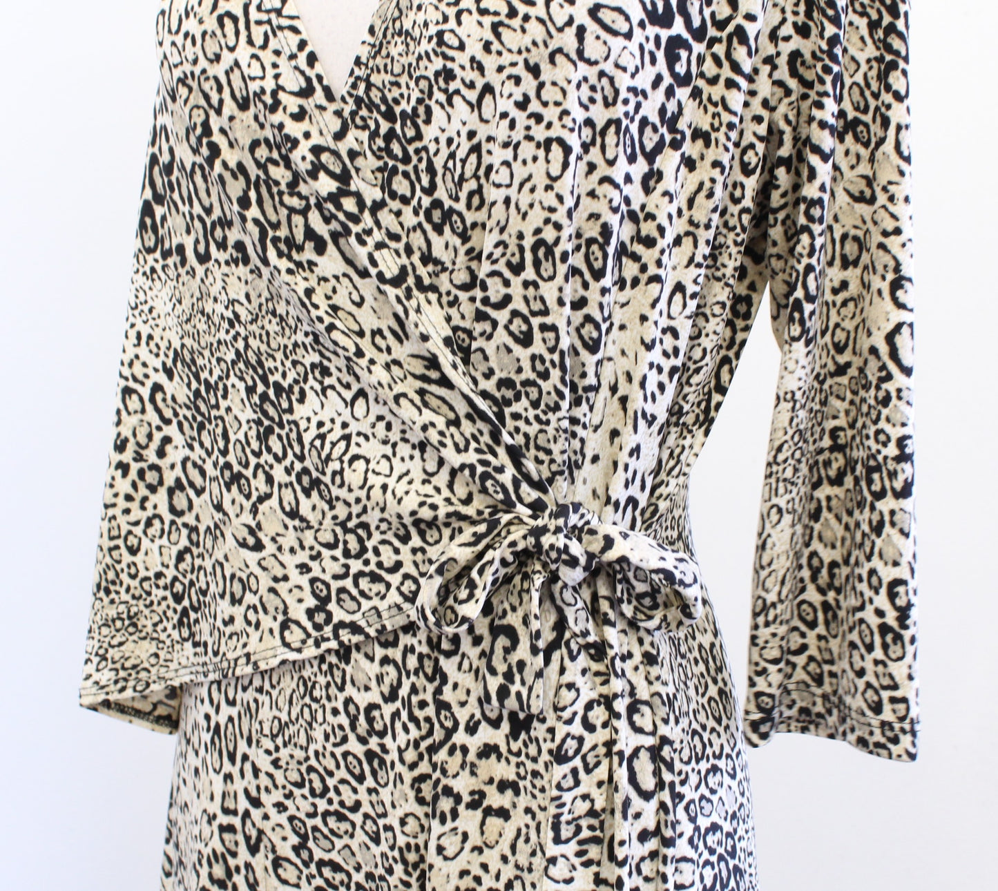 Clara Sun Woo Leopard Print Wrap Front Bodice Jersey Dress Size M Beige Black