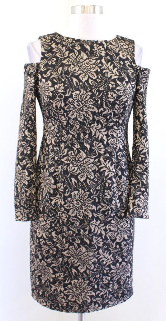 Eliza J Black Gold Metallic Floral Knit Cold Shoulder Sheath Dress Cocktail 2P