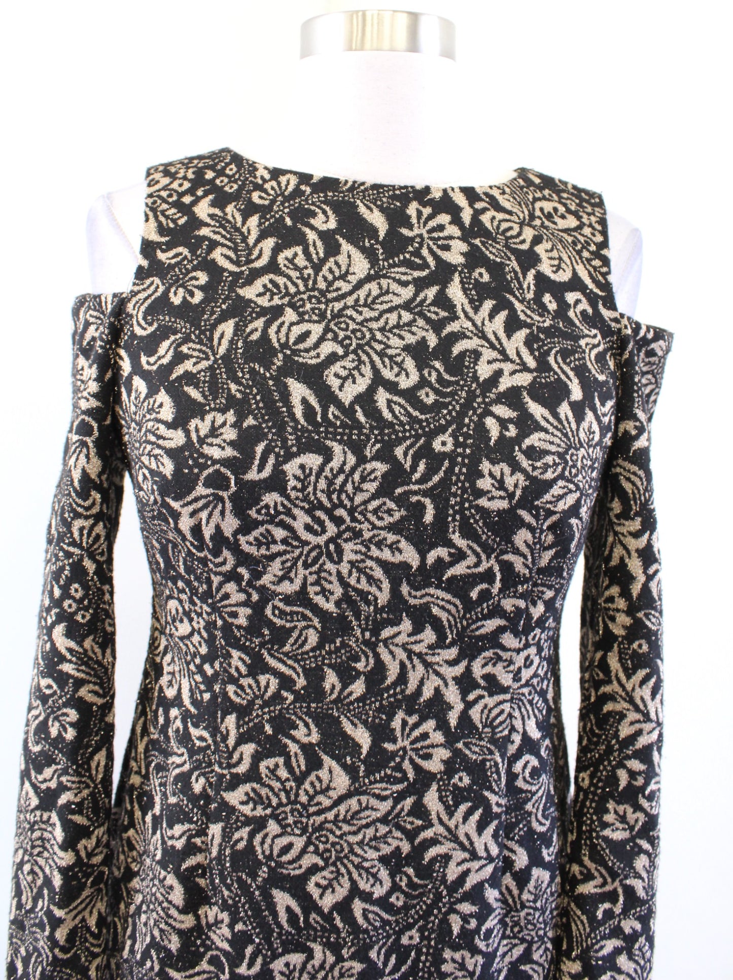 Eliza J Black Gold Metallic Floral Knit Cold Shoulder Sheath Dress Cocktail 2P