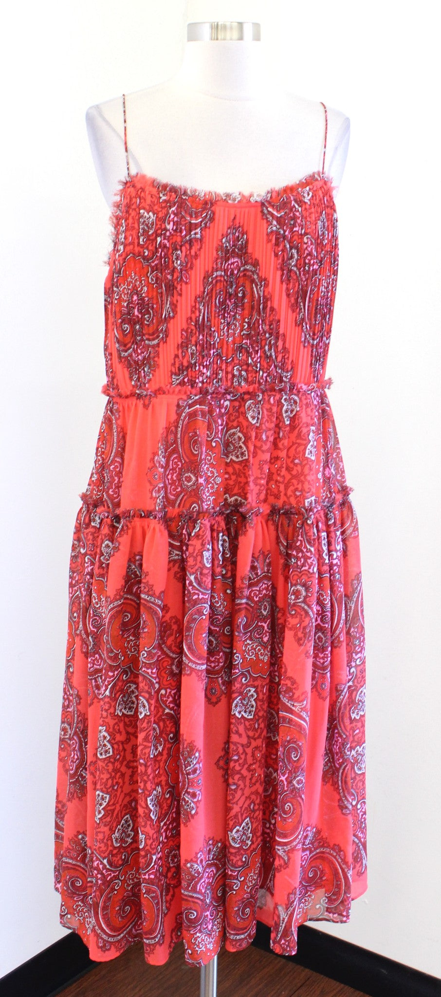 Banana Republic Coral Red Paisley Print Strappy Tiered Midi Dress Size 12