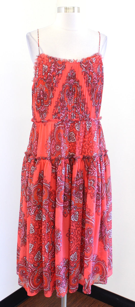 Banana Republic Coral Red Paisley Print Strappy Tiered Midi Dress Size 12