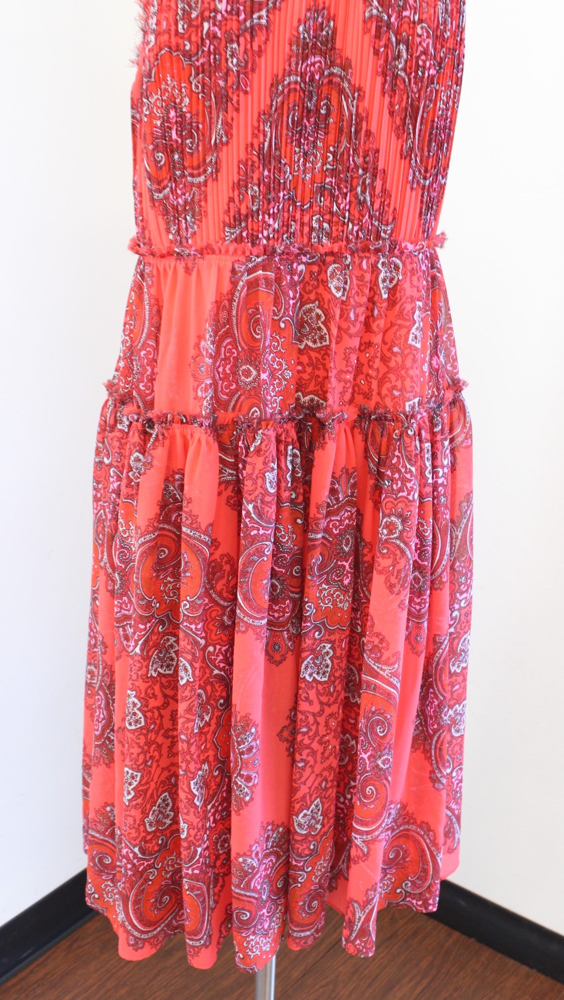 Banana Republic Coral Red Paisley Print Strappy Tiered Midi Dress Size 12