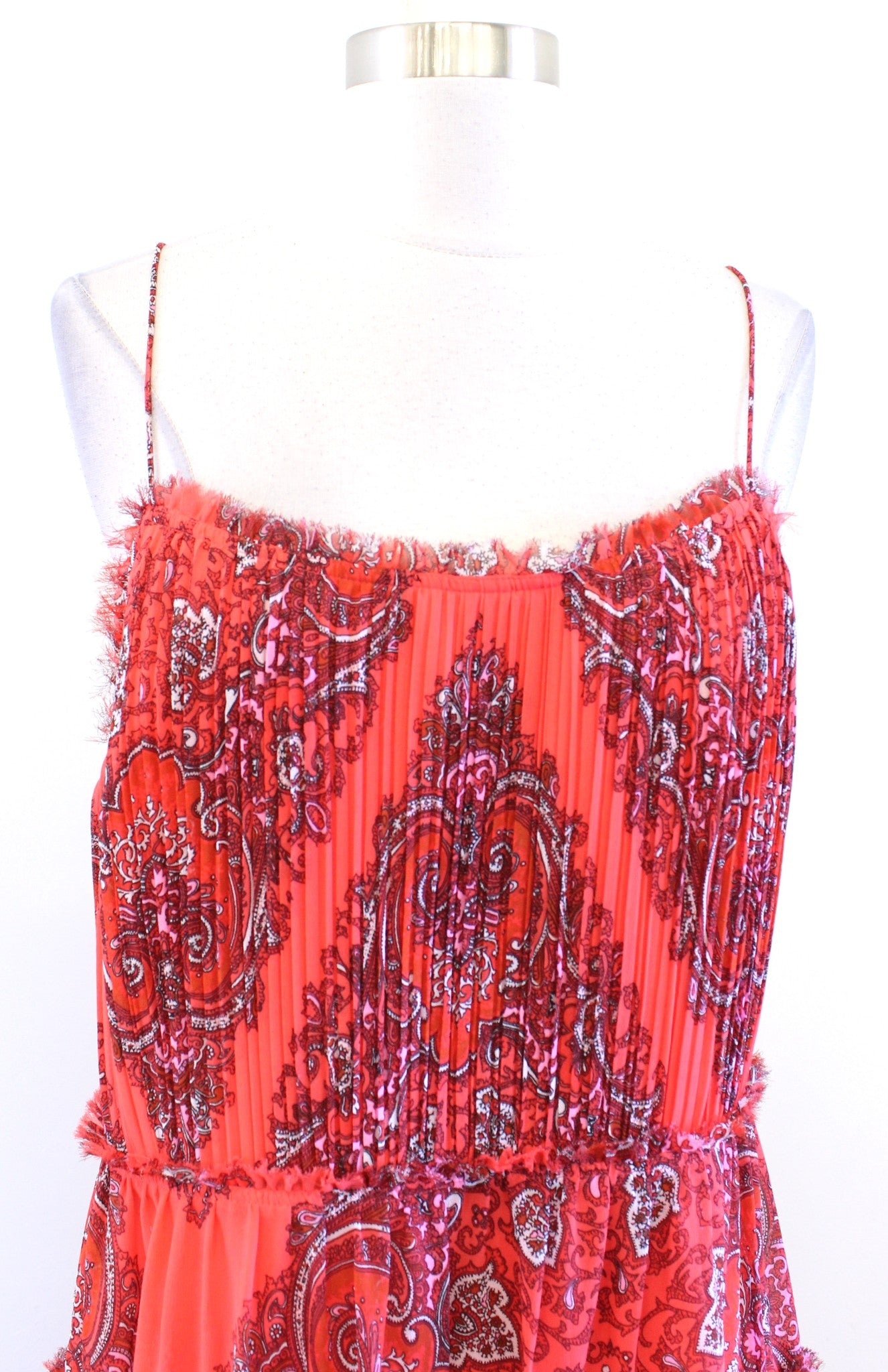 Banana Republic Coral Red Paisley Print Strappy Tiered Midi Dress Size 12