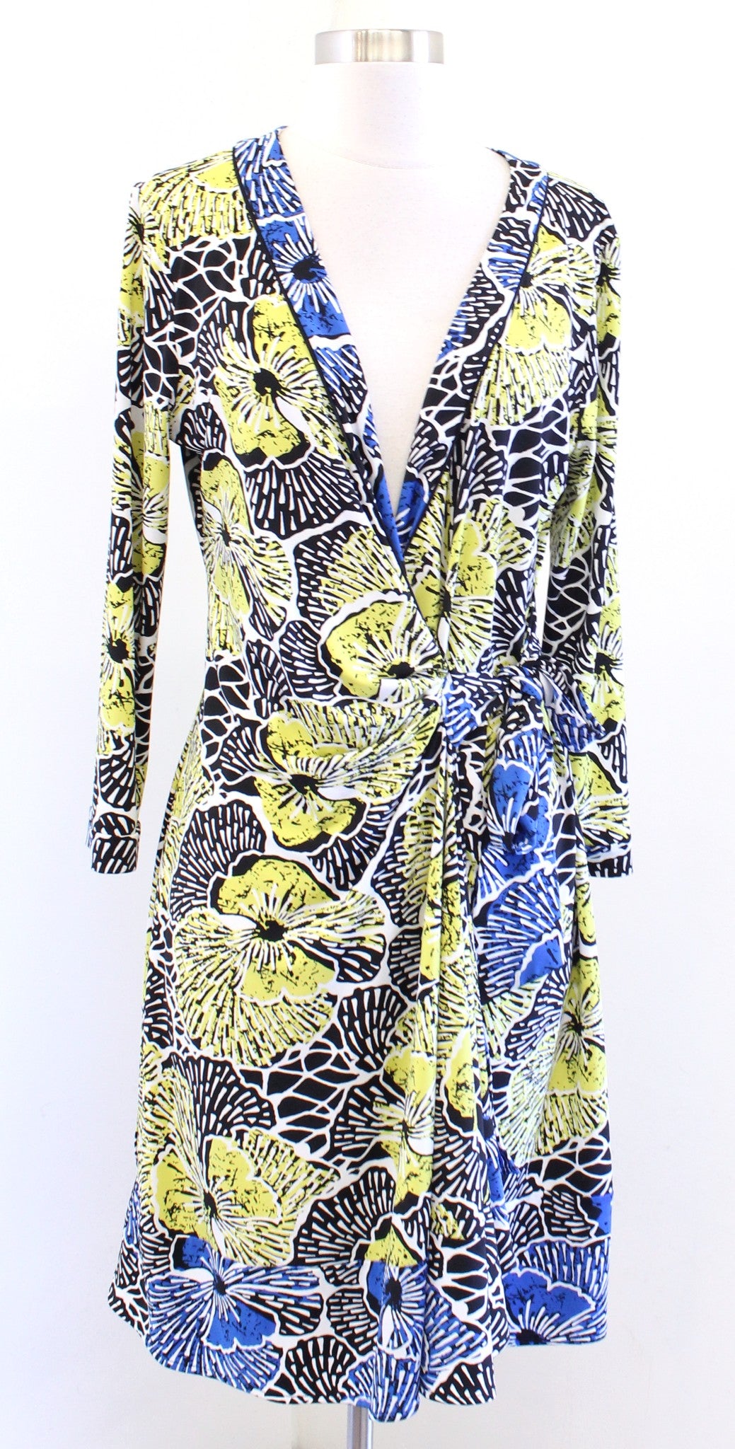 BCBG Max Azria Adele Bold Floral Jersey Wrap Dress Size L Blue Black Yellow