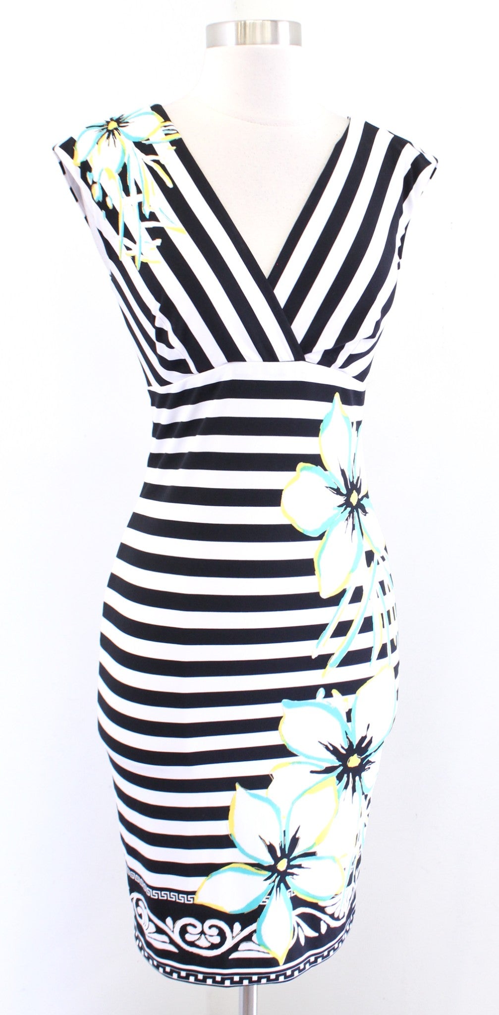 Cache Black White Striped Floral Print V Neck Jersey Sheath Dress Size XS Blue