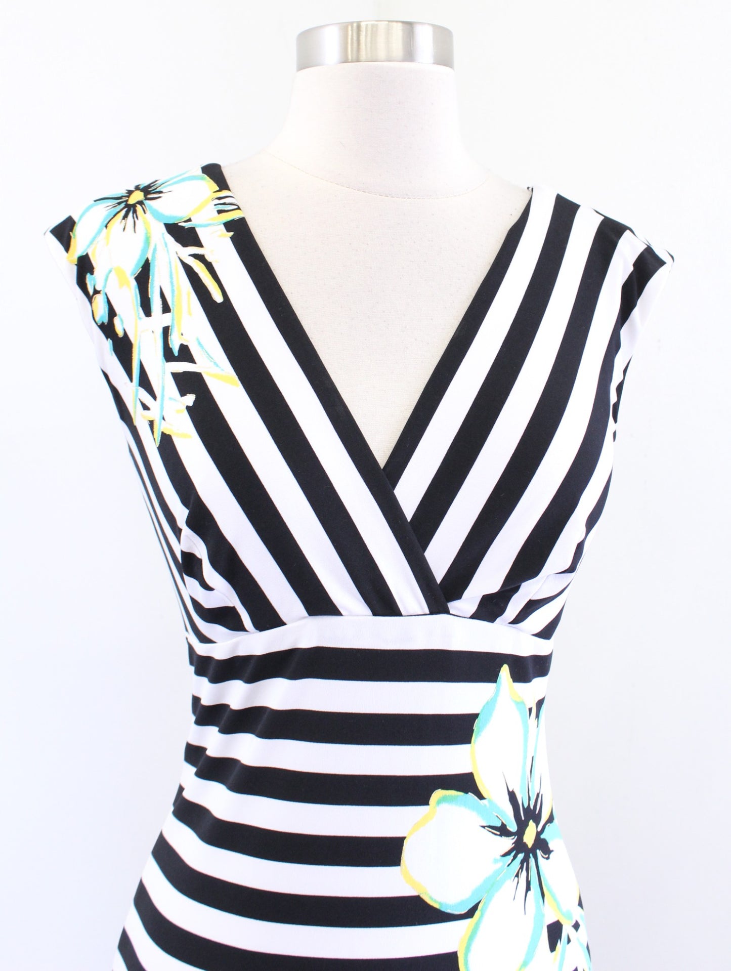 Cache Black White Striped Floral Print V Neck Jersey Sheath Dress Size XS Blue
