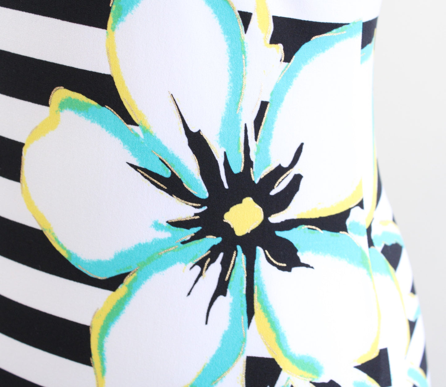 Cache Black White Striped Floral Print V Neck Jersey Sheath Dress Size XS Blue