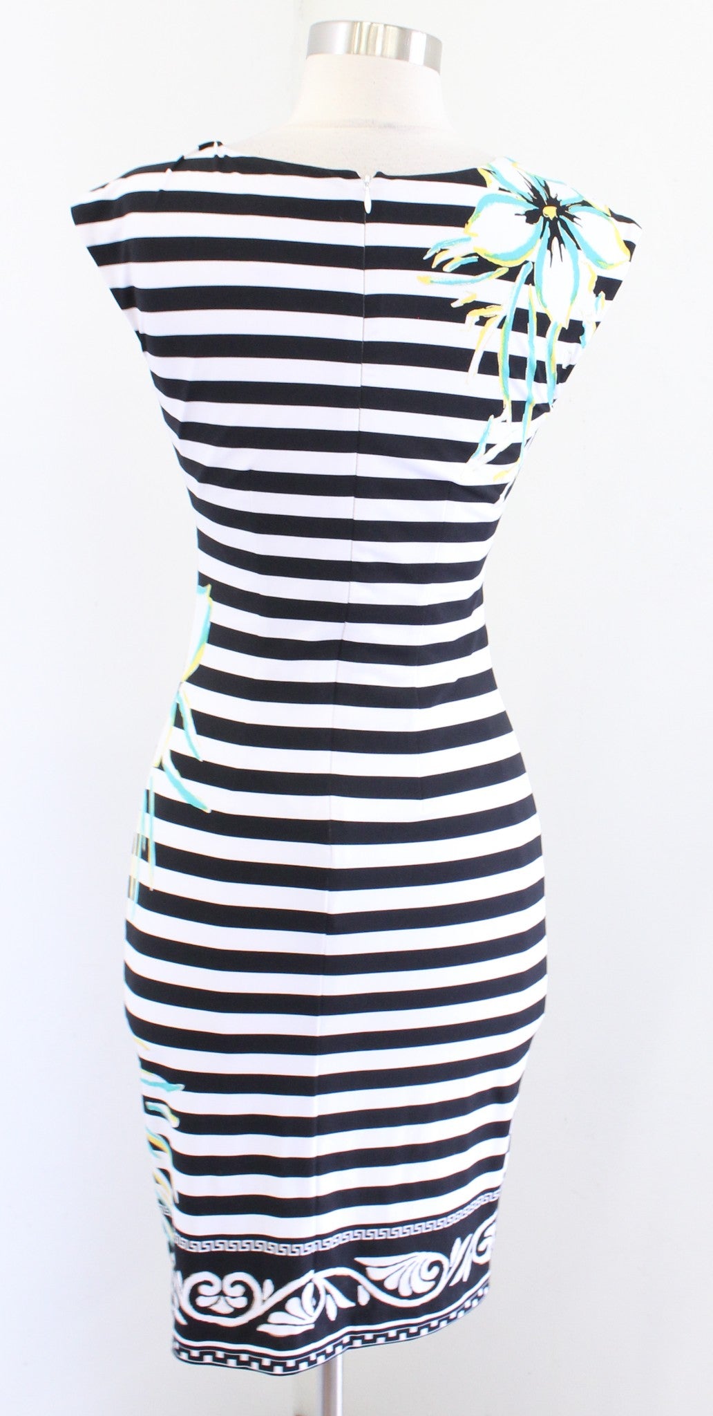 Cache Black White Striped Floral Print V Neck Jersey Sheath Dress Size XS Blue