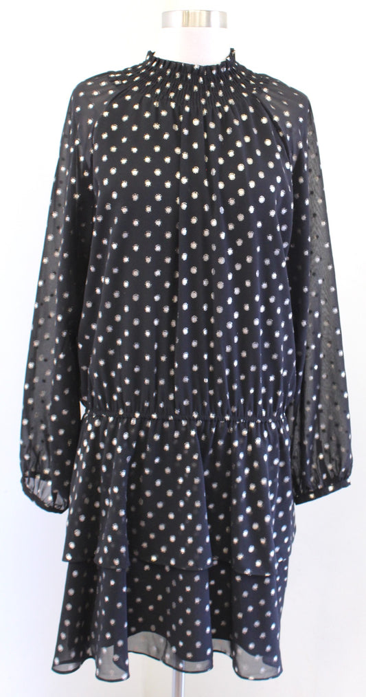 Yumi Kim Class Act Hot Spot Black Gold Polka Dot Smocked Layered Dress Size XL