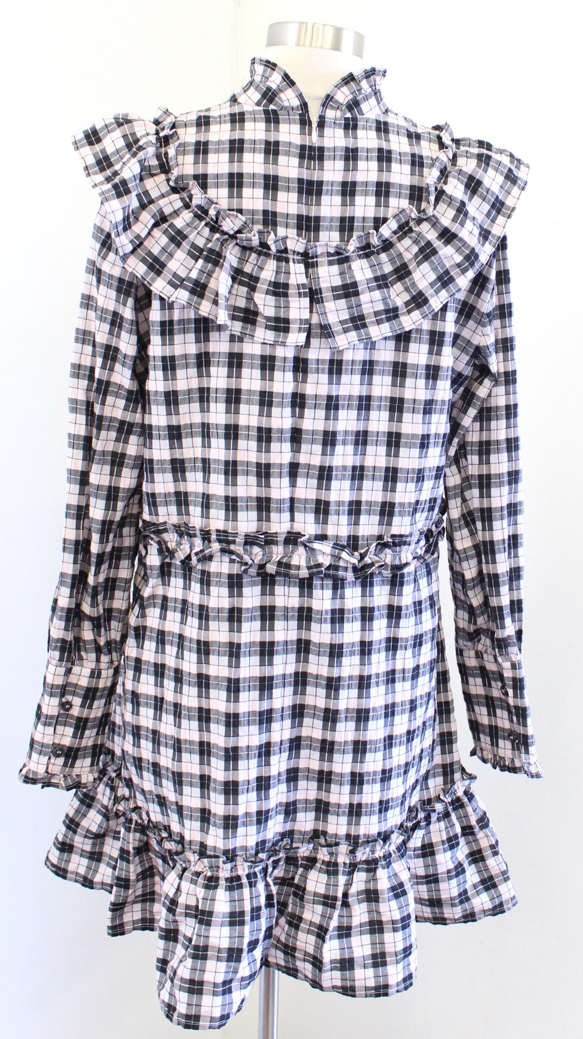 GANNI Charron Pink Black Seersucker Plaid Ruffle Mock Neck Shift Dress Size 42