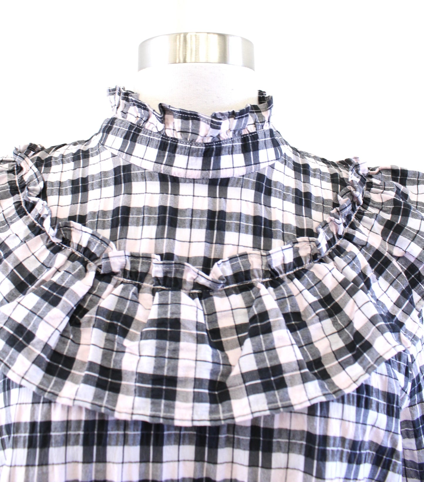 GANNI Charron Pink Black Seersucker Plaid Ruffle Mock Neck Shift Dress Size 42