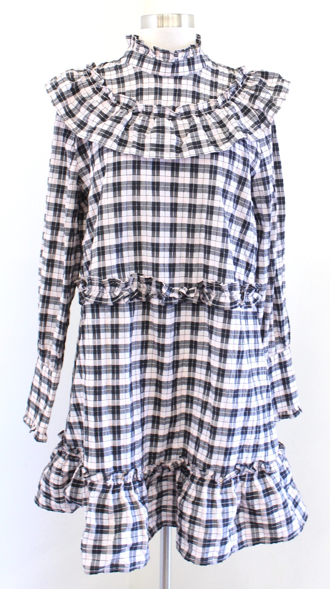 GANNI Charron Pink Black Seersucker Plaid Ruffle Mock Neck Shift Dress Size 42