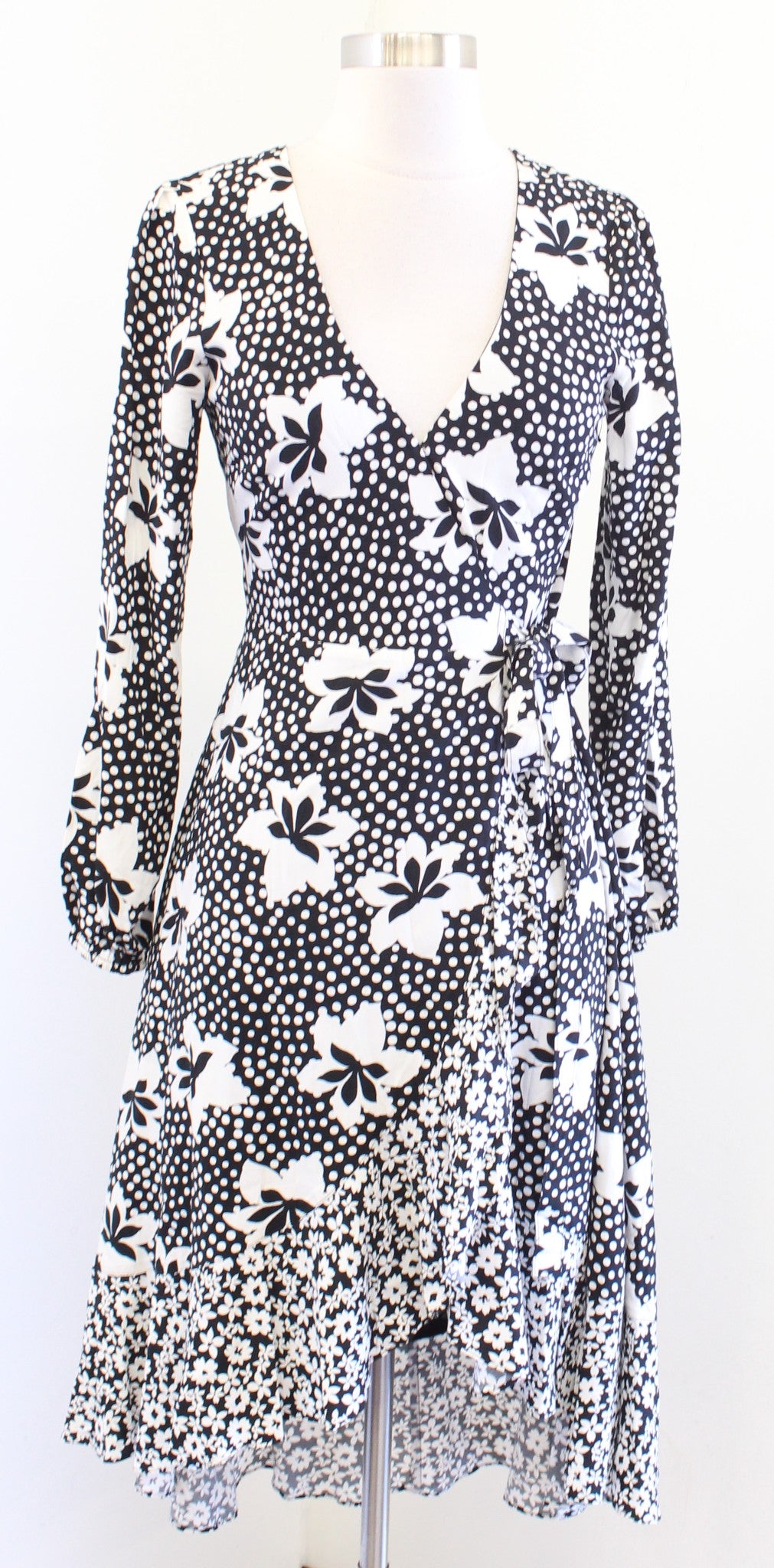 Porridge Anthropologie Amity Black White Floral Ruffle Midi Wrap Dress Hi Lo XS