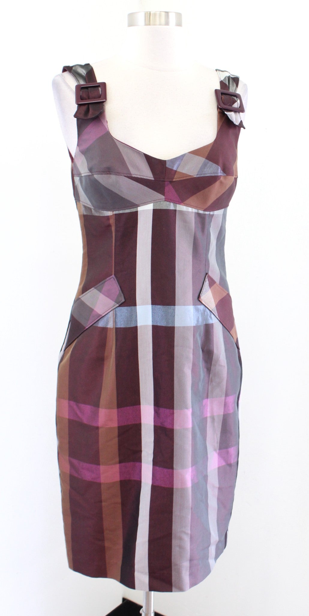 Yoana Baraschi Anthropologie Burgundy Plaid Buckle Accent Sheath Dress Size 4