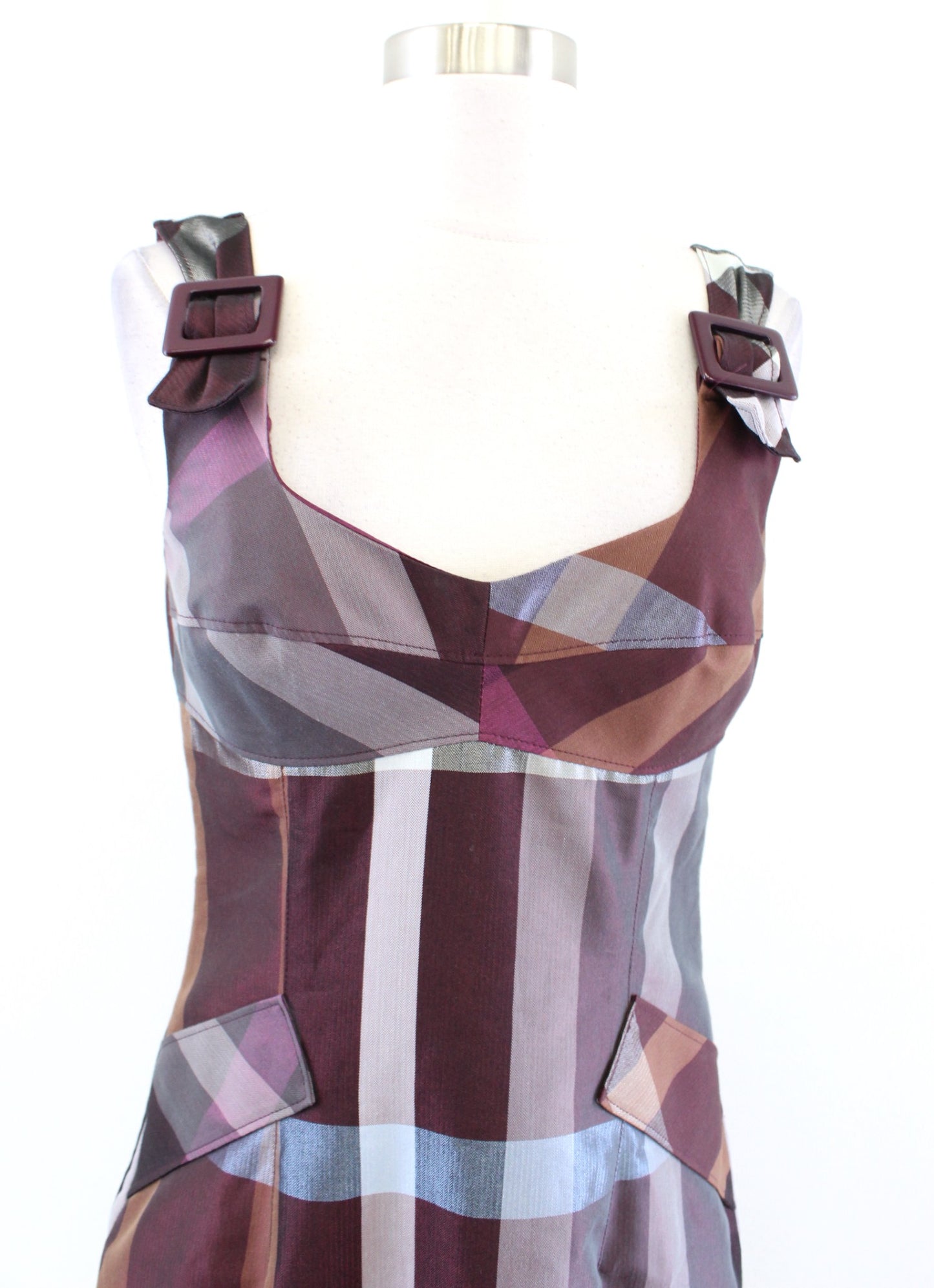 Yoana Baraschi Anthropologie Burgundy Plaid Buckle Accent Sheath Dress Size 4