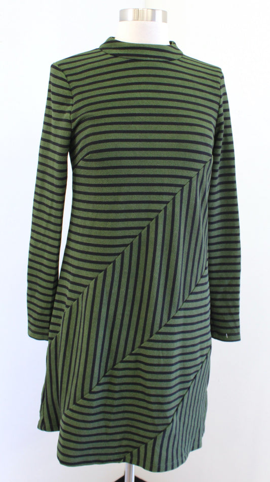 Hutch Anthropologie Green Black Striped Knit Shift Dress Size XS Mock Neck