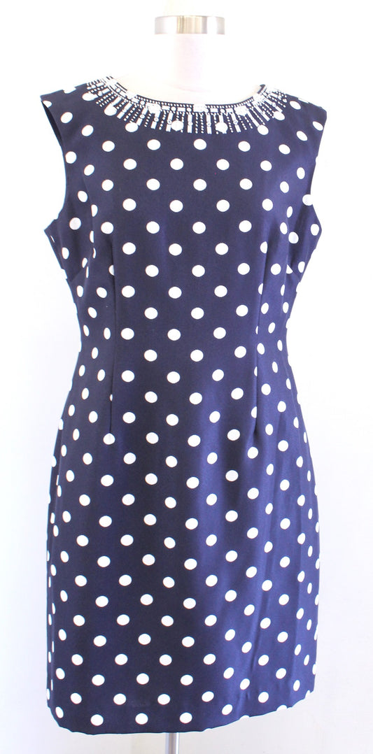 Tahari ASL Levine Navy Blue White Polka Dot Beaded Neckline Sheath Dress Size 10