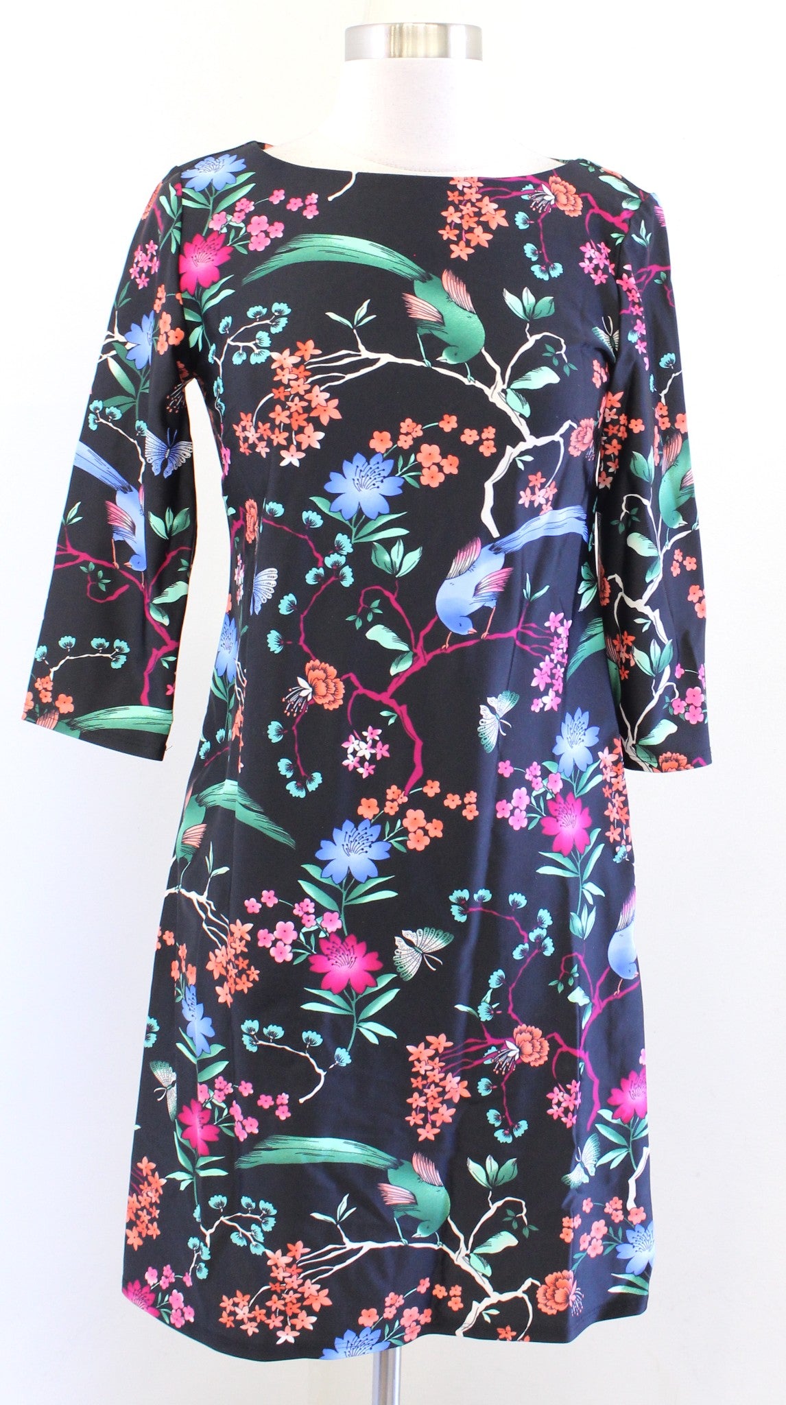 Jude Connally Black Floral Bird Print Jude Cloth 3/4 Sleeve Dress Size XS