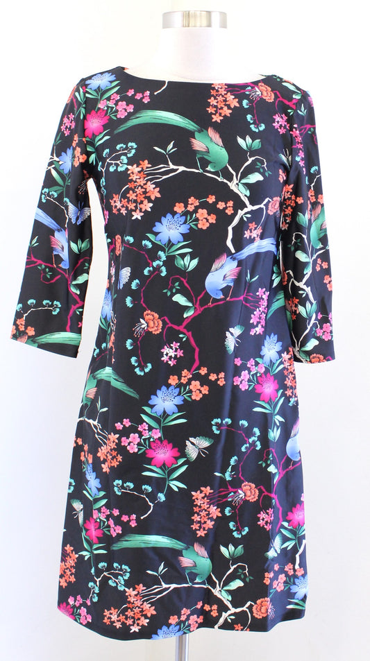 Jude Connally Black Floral Bird Print Jude Cloth 3/4 Sleeve Dress Size XS