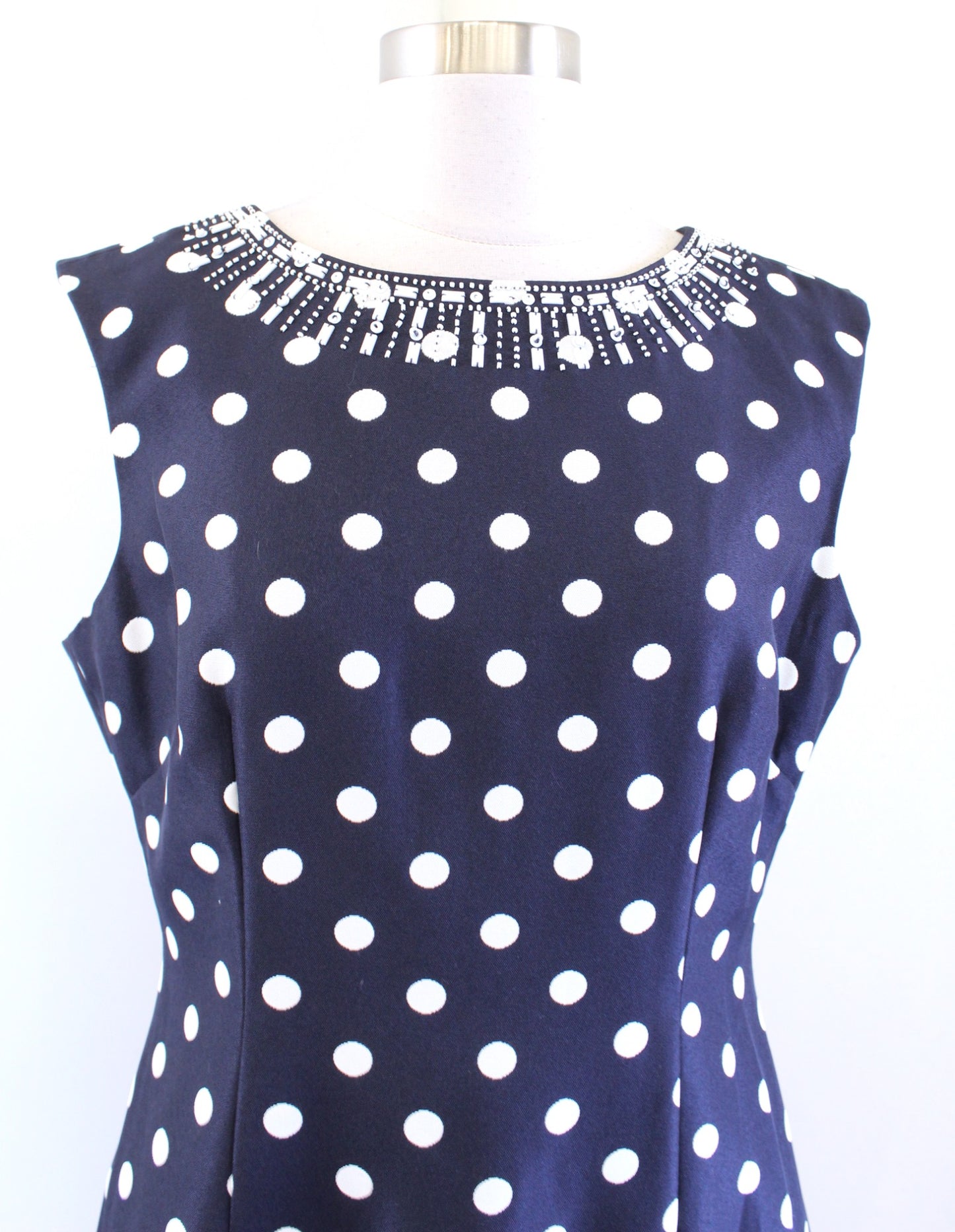 Tahari ASL Levine Navy Blue White Polka Dot Beaded Neckline Sheath Dress Size 10