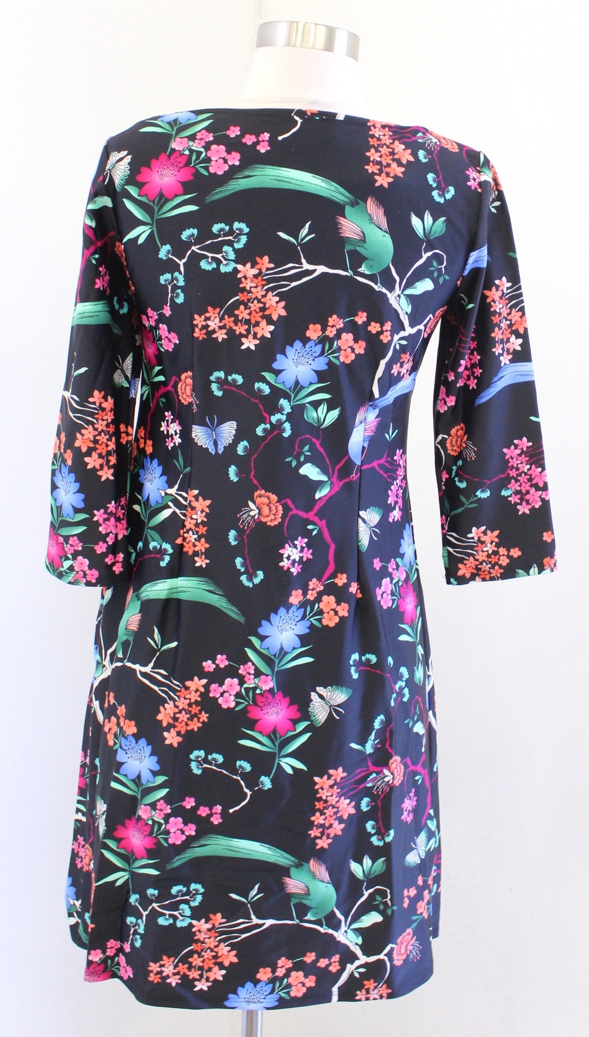 Jude Connally Black Floral Bird Print Jude Cloth 3/4 Sleeve Dress Size XS