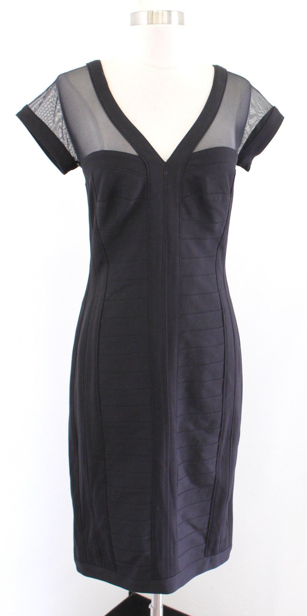 Vtg 90s Tadashi Black Mesh Cutout V Neck Bandage Cocktail Party Dress Size XS