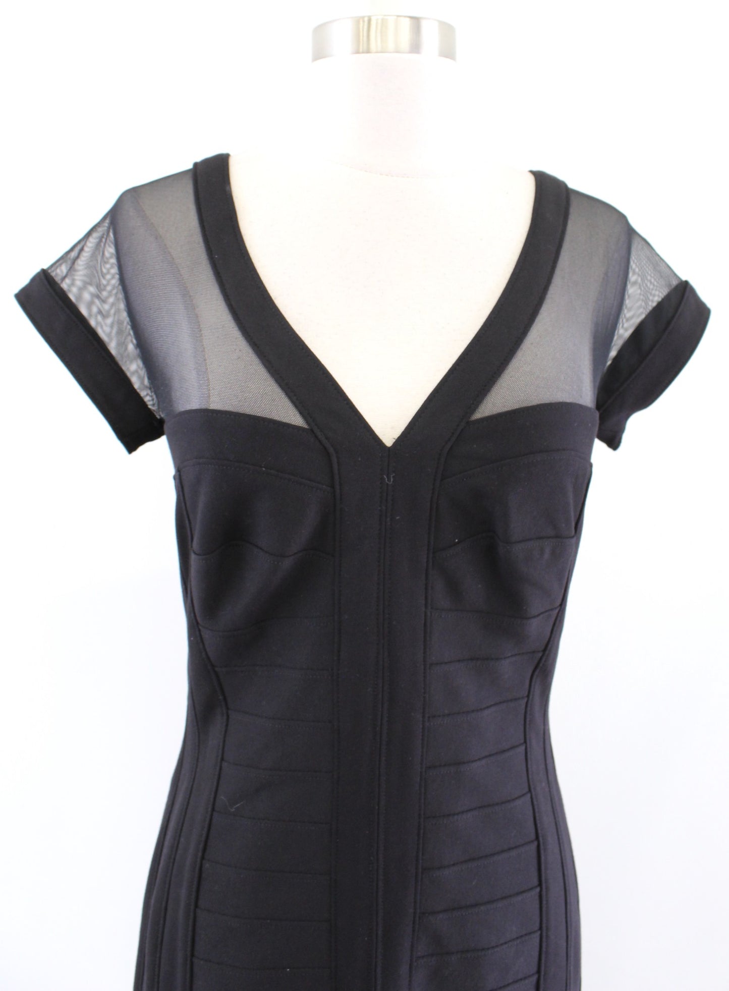 Vtg 90s Tadashi Black Mesh Cutout V Neck Bandage Cocktail Party Dress Size XS