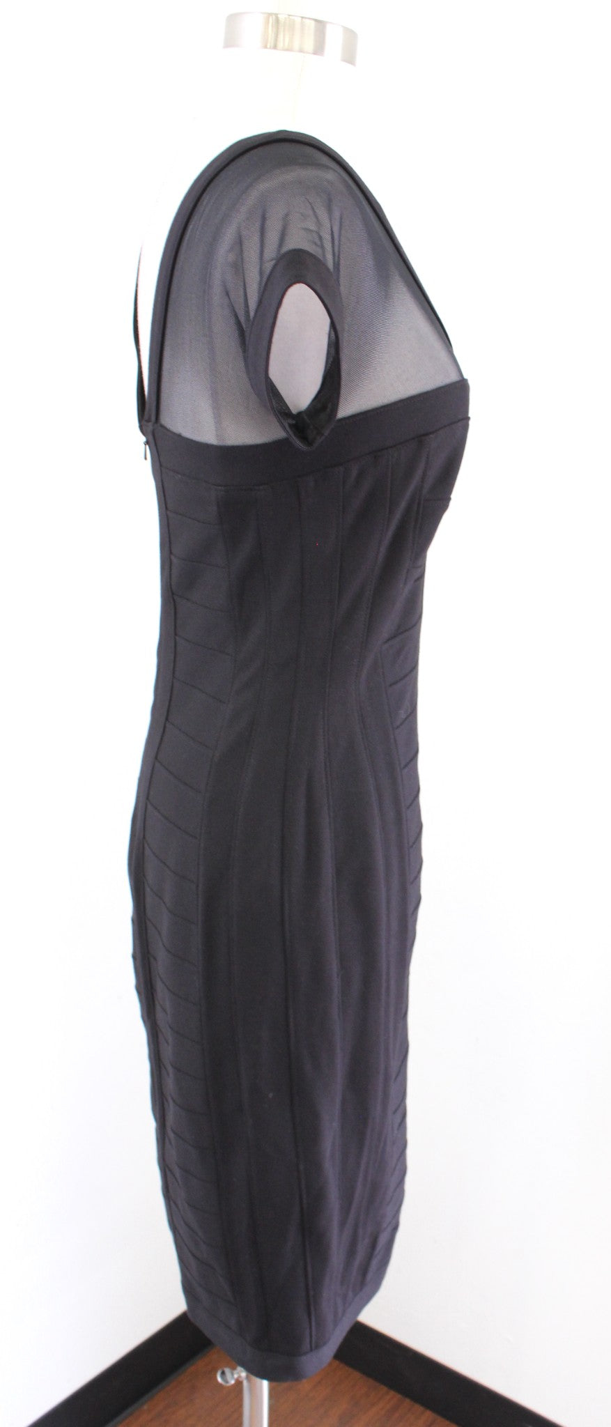 Vtg 90s Tadashi Black Mesh Cutout V Neck Bandage Cocktail Party Dress Size XS