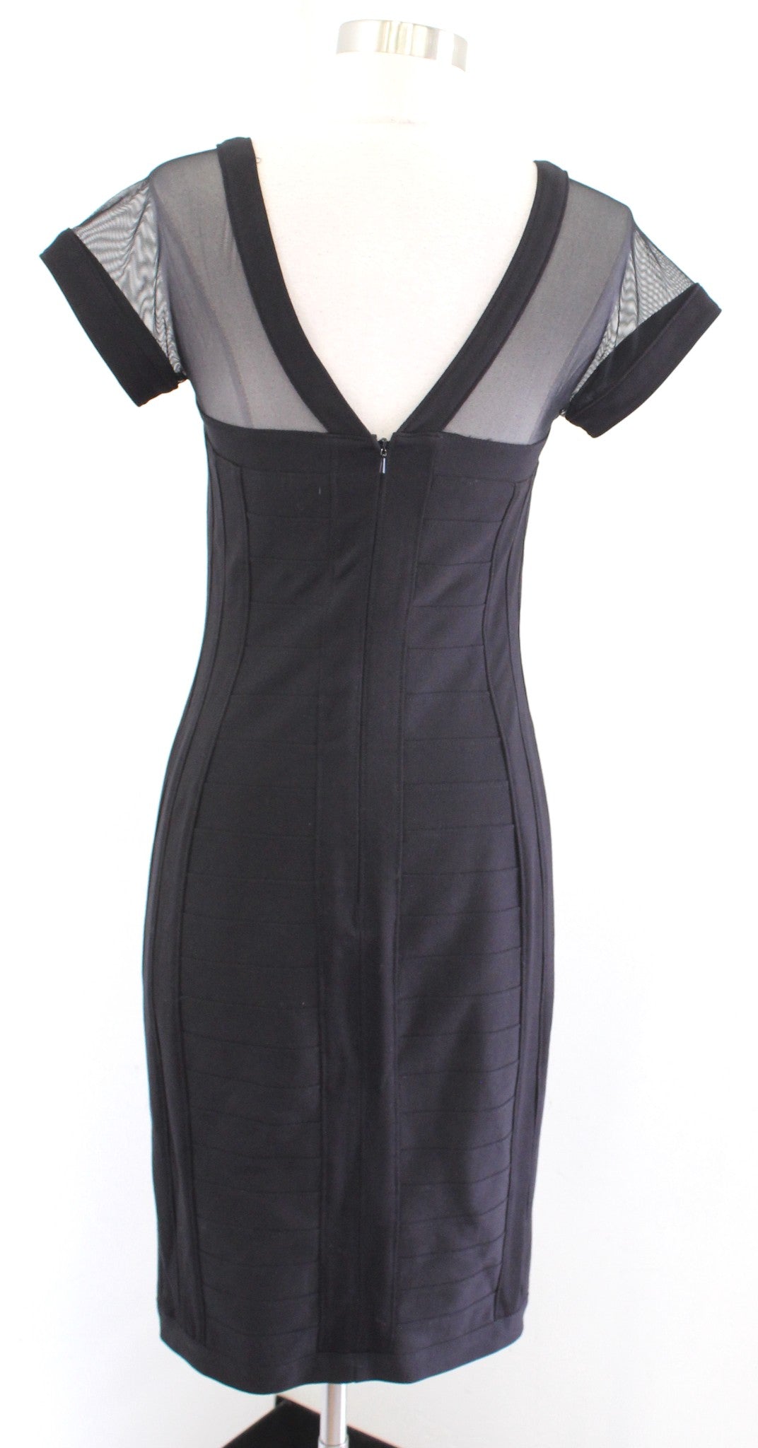 Vtg 90s Tadashi Black Mesh Cutout V Neck Bandage Cocktail Party Dress Size XS