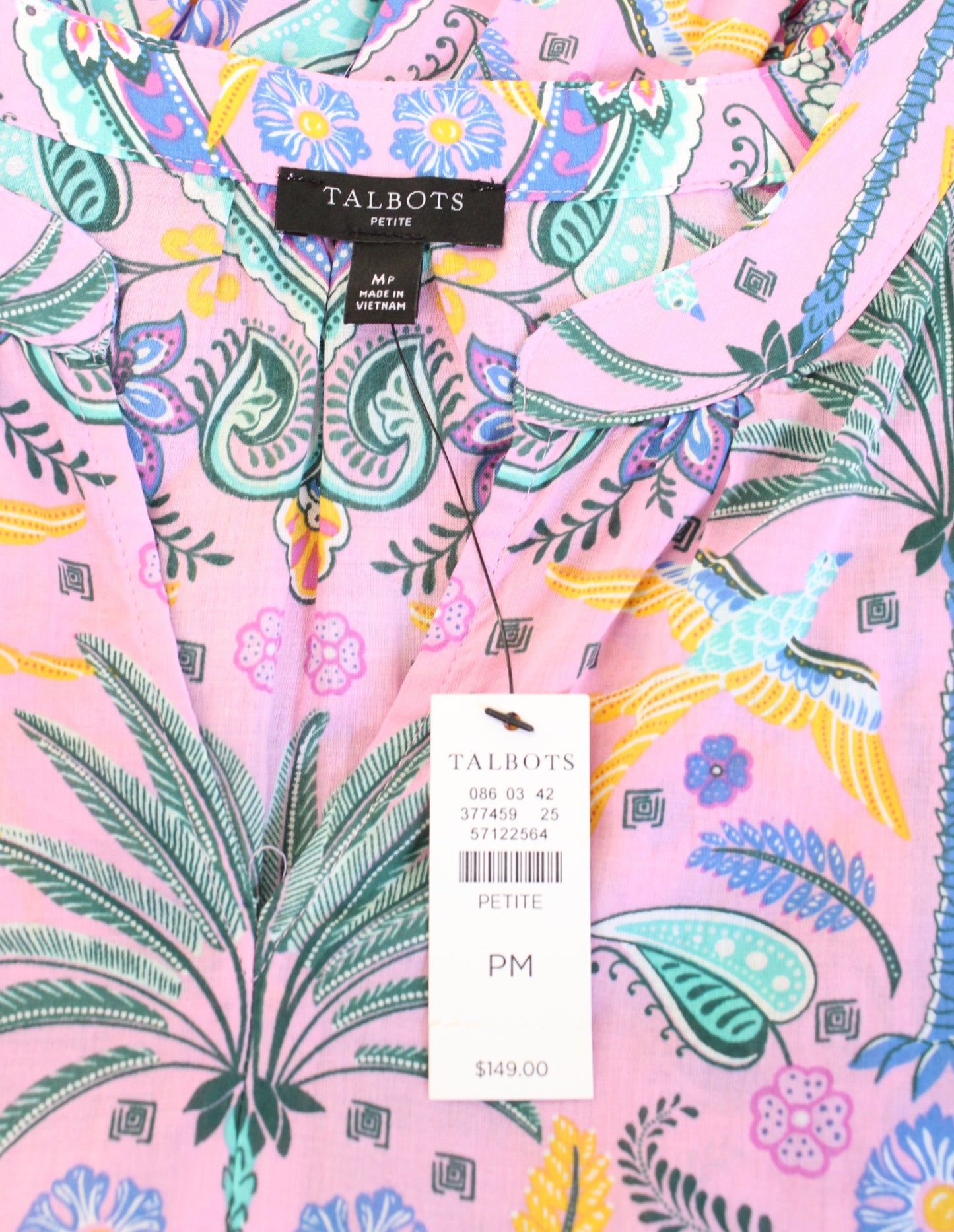 NWT Talbots Voile Palm Tree Bird Print Fit and Flare Midi Dress Size PM MP Beach