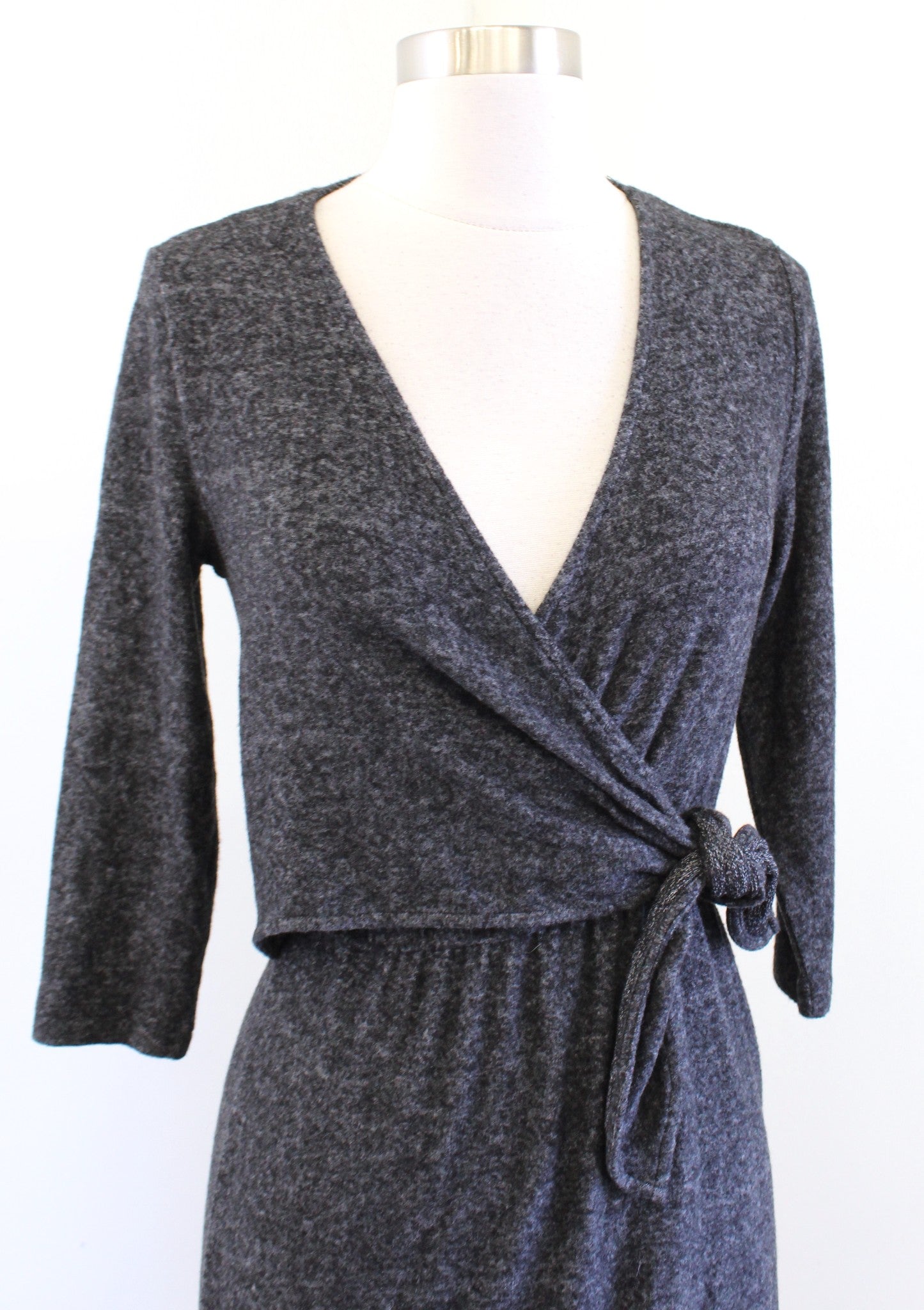 Saturday Sunday Anthropologie Dark Gray Soft Knit Tie Faux Wrap Dress Size XS